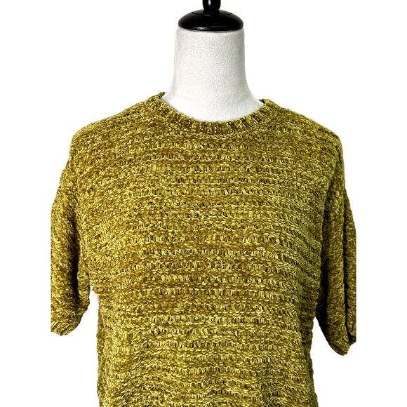 Open Edit Sweater Short Sleeve Crop Jumper Loose Knit Green Gold W Medium NWT - Picture 3 of 10